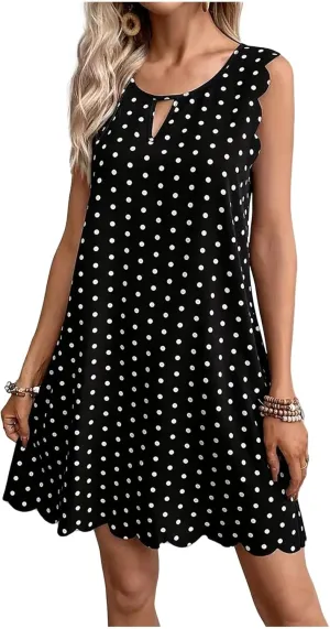 Polka Dot Sleeveless Summer Dresses Crewneck Swing A Line Midi Dress Bohemian Casual Beach Party Sundress
