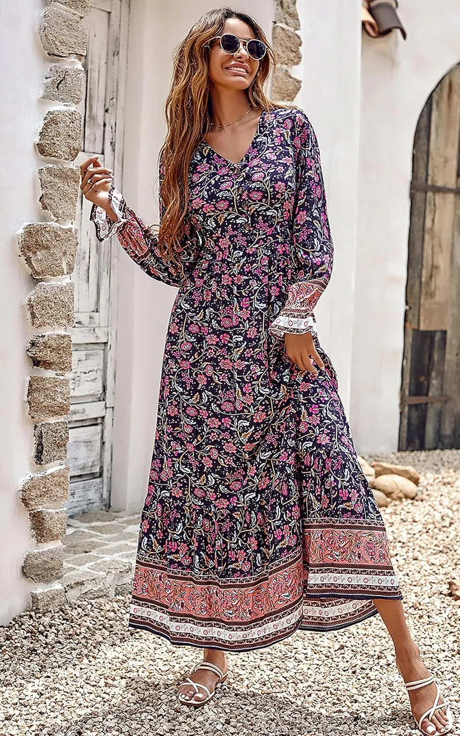 PRETTYGARDEN Long Sleeve Maxi Dress for Women V Neck Casual Button Down Boho Long Floral Dresses