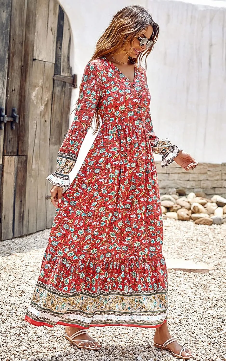PRETTYGARDEN Long Sleeve Maxi Dress for Women V Neck Casual Button Down Boho Long Floral Dresses