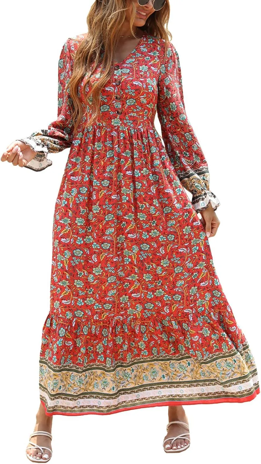 PRETTYGARDEN Long Sleeve Maxi Dress for Women V Neck Casual Button Down Boho Long Floral Dresses