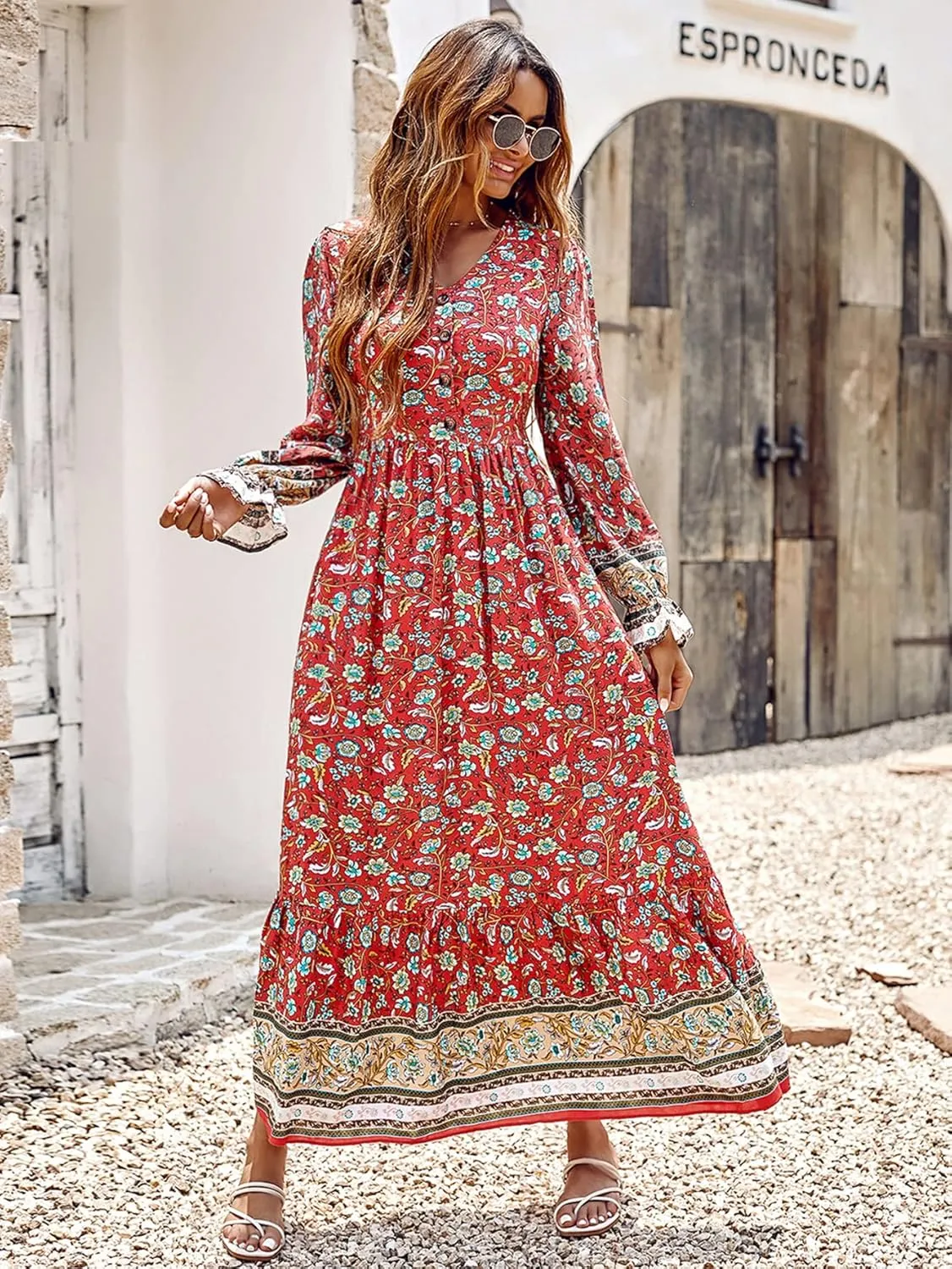 PRETTYGARDEN Long Sleeve Maxi Dress for Women V Neck Casual Button Down Boho Long Floral Dresses