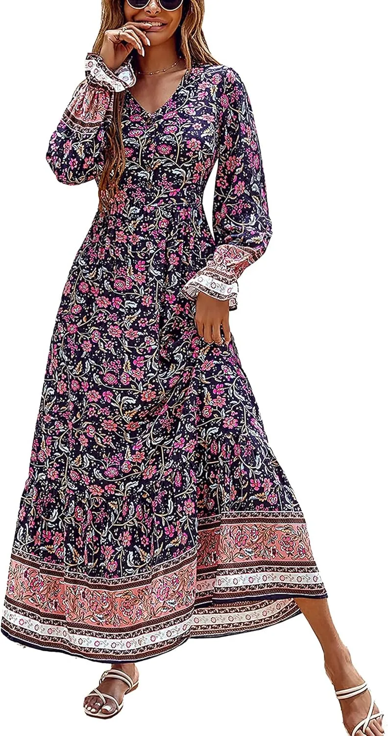 PRETTYGARDEN Long Sleeve Maxi Dress for Women V Neck Casual Button Down Boho Long Floral Dresses