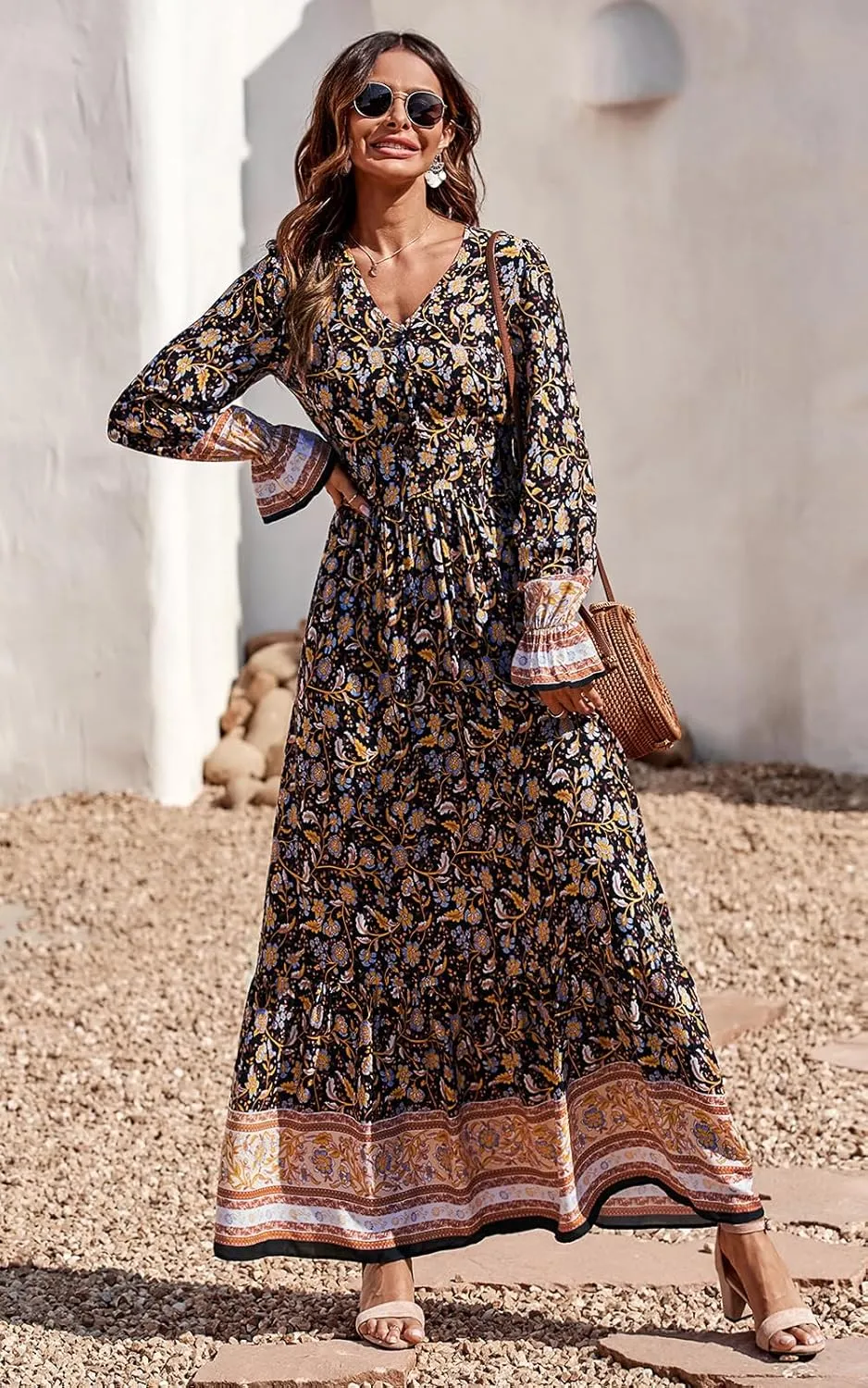 PRETTYGARDEN Long Sleeve Maxi Dress for Women V Neck Casual Button Down Boho Long Floral Dresses