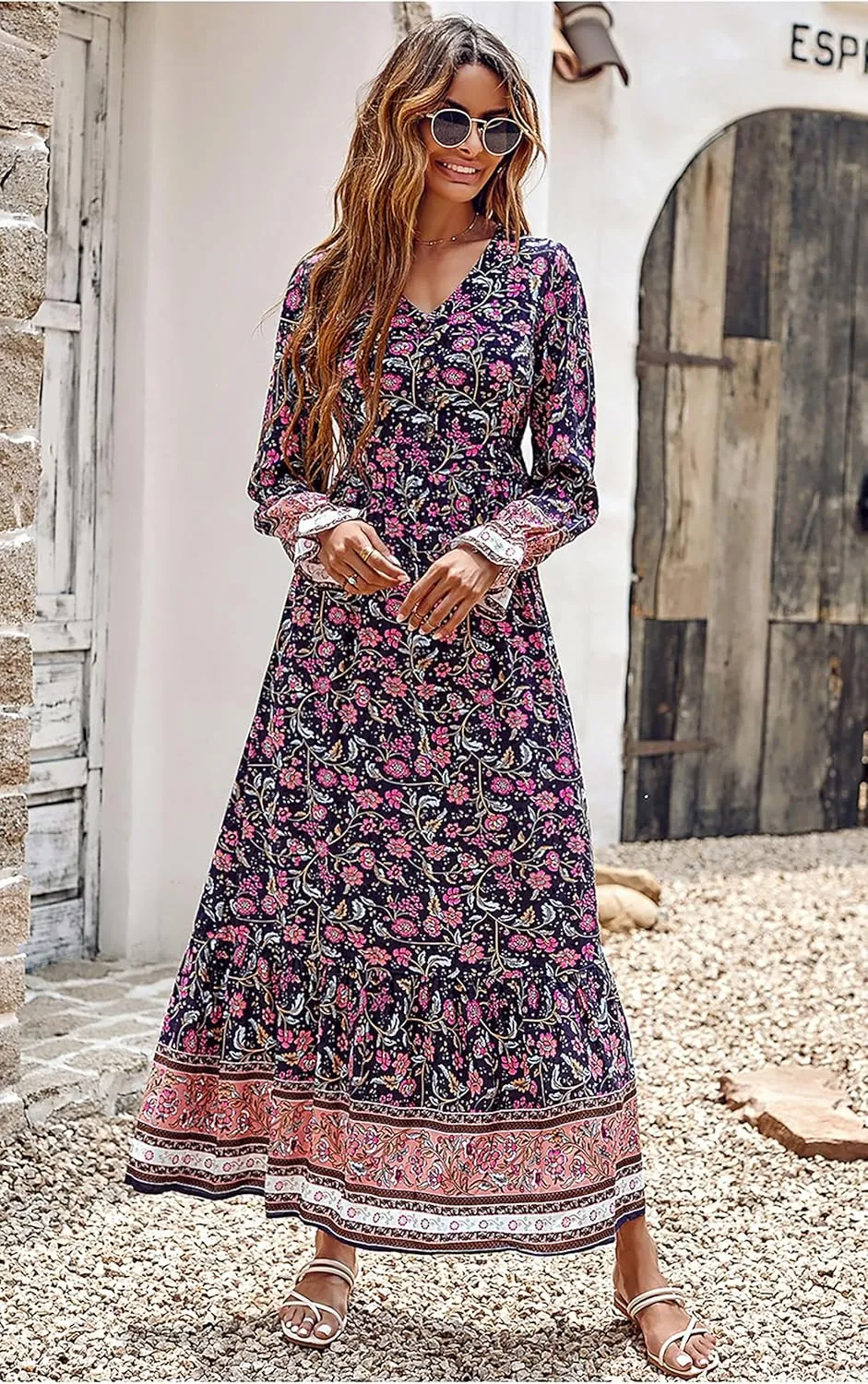PRETTYGARDEN Long Sleeve Maxi Dress for Women V Neck Casual Button Down Boho Long Floral Dresses
