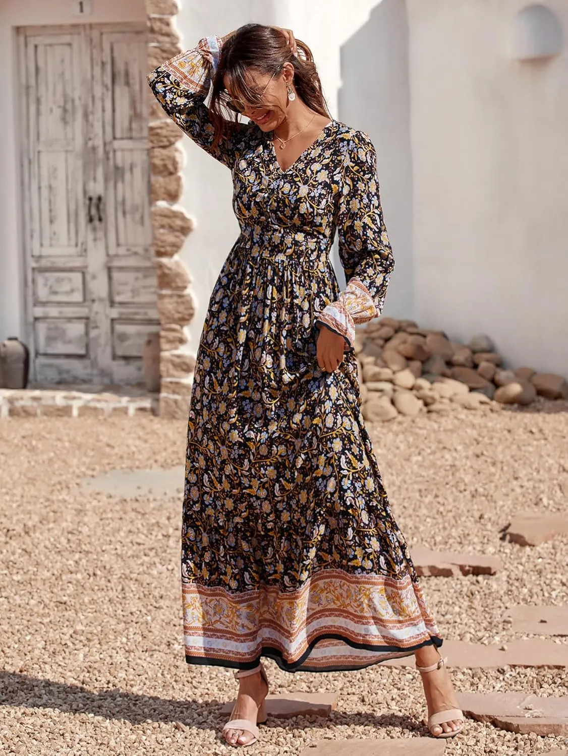 PRETTYGARDEN Long Sleeve Maxi Dress for Women V Neck Casual Button Down Boho Long Floral Dresses