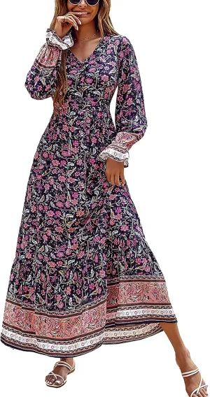 PRETTYGARDEN Long Sleeve Maxi Dress for Women V Neck Casual Button Down Boho Long Floral Dresses