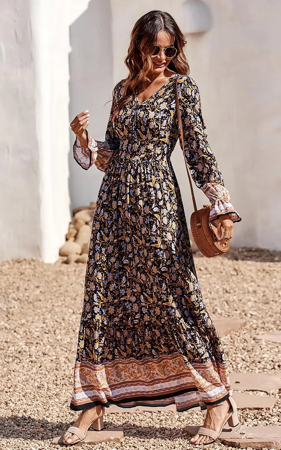 PRETTYGARDEN Long Sleeve Maxi Dress for Women V Neck Casual Button Down Boho Long Floral Dresses
