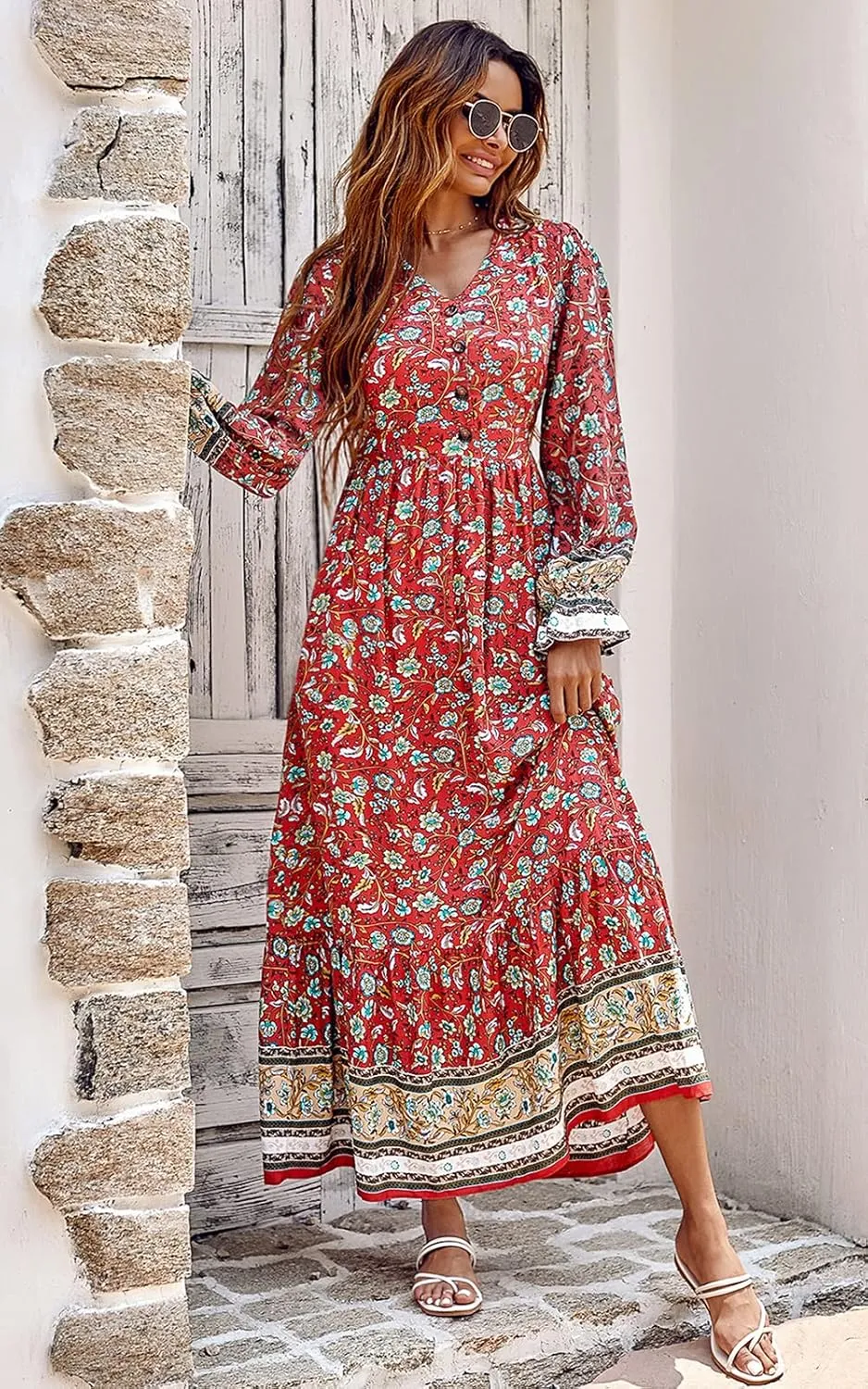 PRETTYGARDEN Long Sleeve Maxi Dress for Women V Neck Casual Button Down Boho Long Floral Dresses