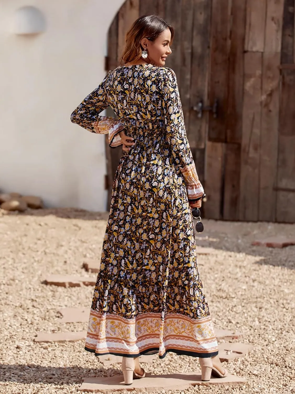 PRETTYGARDEN Long Sleeve Maxi Dress for Women V Neck Casual Button Down Boho Long Floral Dresses