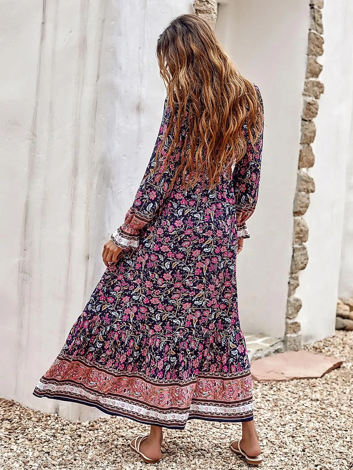 PRETTYGARDEN Long Sleeve Maxi Dress for Women V Neck Casual Button Down Boho Long Floral Dresses