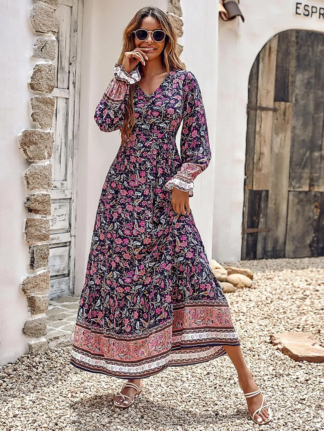 PRETTYGARDEN Long Sleeve Maxi Dress for Women V Neck Casual Button Down Boho Long Floral Dresses