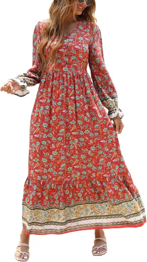 PRETTYGARDEN Long Sleeve Maxi Dress for Women V Neck Casual Button Down Boho Long Floral Dresses