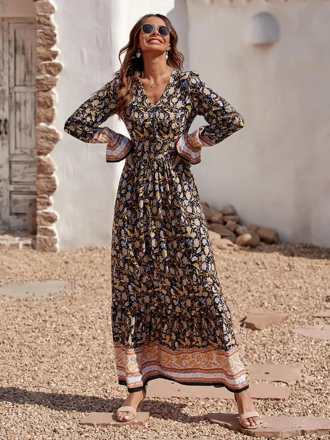 PRETTYGARDEN Long Sleeve Maxi Dress for Women V Neck Casual Button Down Boho Long Floral Dresses