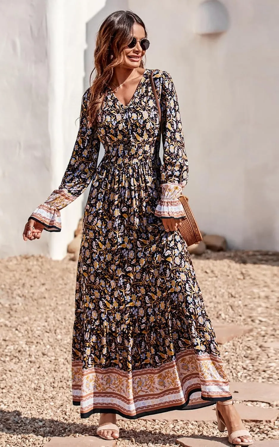 PRETTYGARDEN Long Sleeve Maxi Dress for Women V Neck Casual Button Down Boho Long Floral Dresses