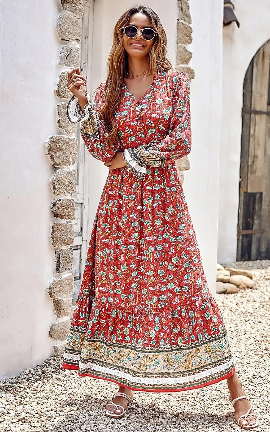 PRETTYGARDEN Long Sleeve Maxi Dress for Women V Neck Casual Button Down Boho Long Floral Dresses