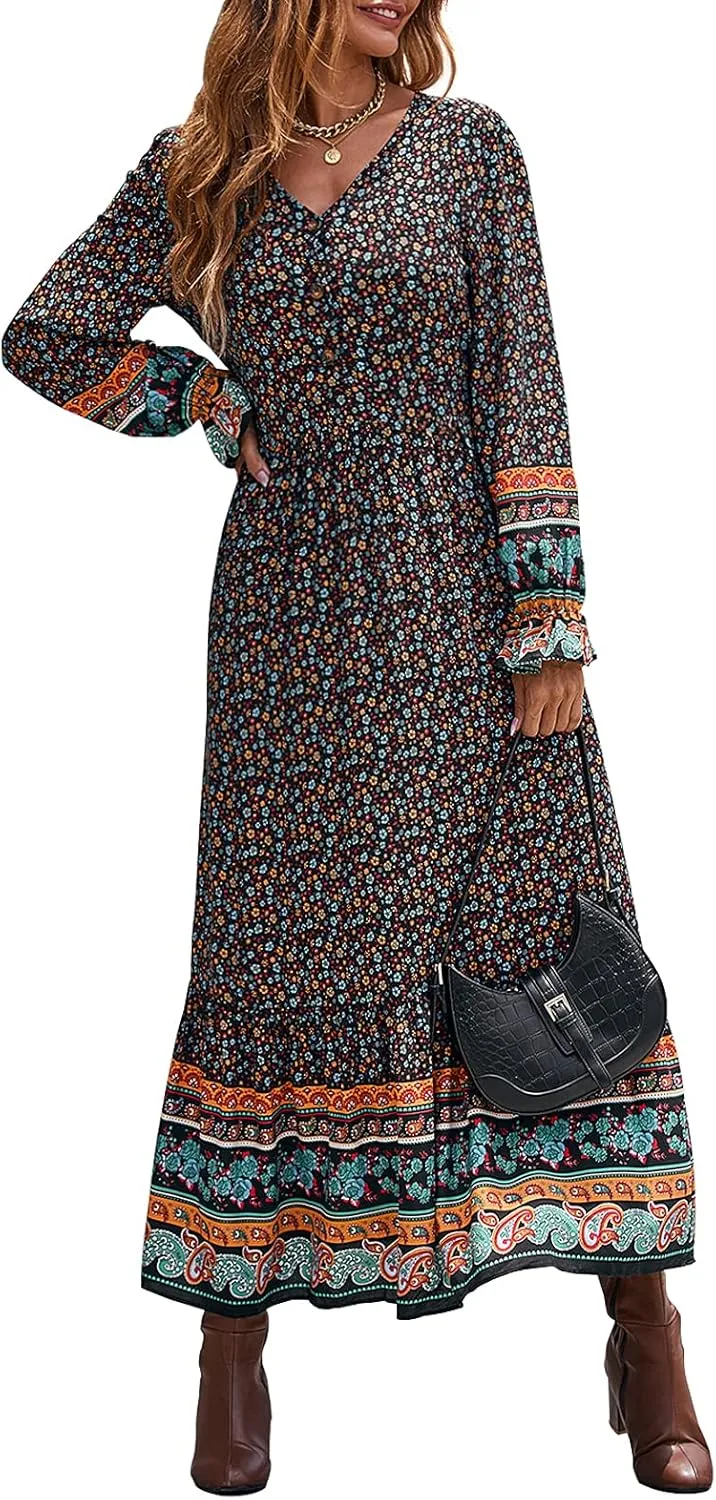 PRETTYGARDEN Long Sleeve Maxi Dress for Women V Neck Casual Button Down Boho Long Floral Dresses