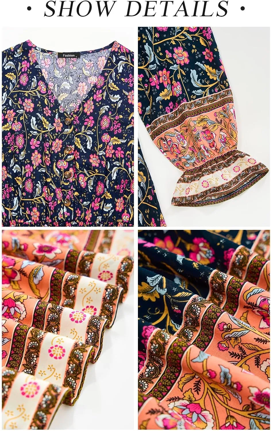 PRETTYGARDEN Long Sleeve Maxi Dress for Women V Neck Casual Button Down Boho Long Floral Dresses