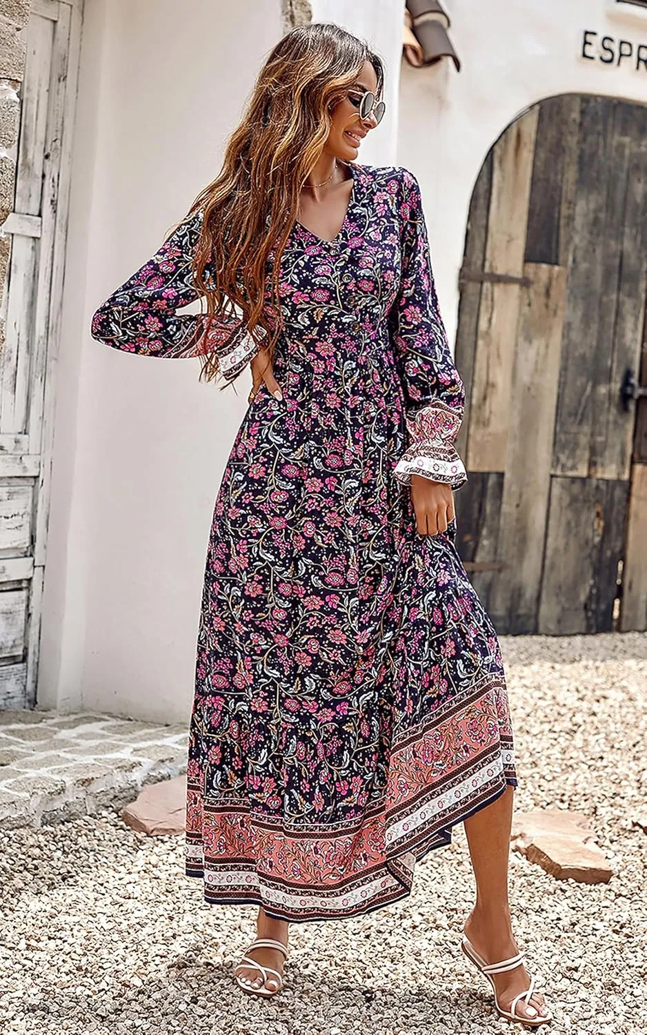 PRETTYGARDEN Long Sleeve Maxi Dress for Women V Neck Casual Button Down Boho Long Floral Dresses