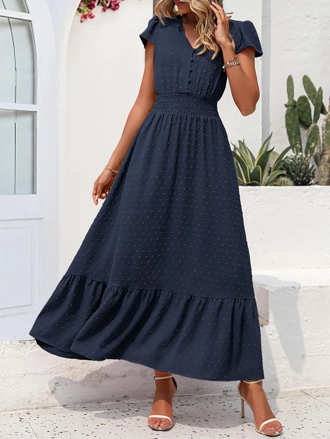 PRETTYGARDEN Women Casual Boho Summer Maxi Dresses 2025 Short Sleeve V Neck Swiss Dot Ruffle Smocked Flowy Wedding Long Dress