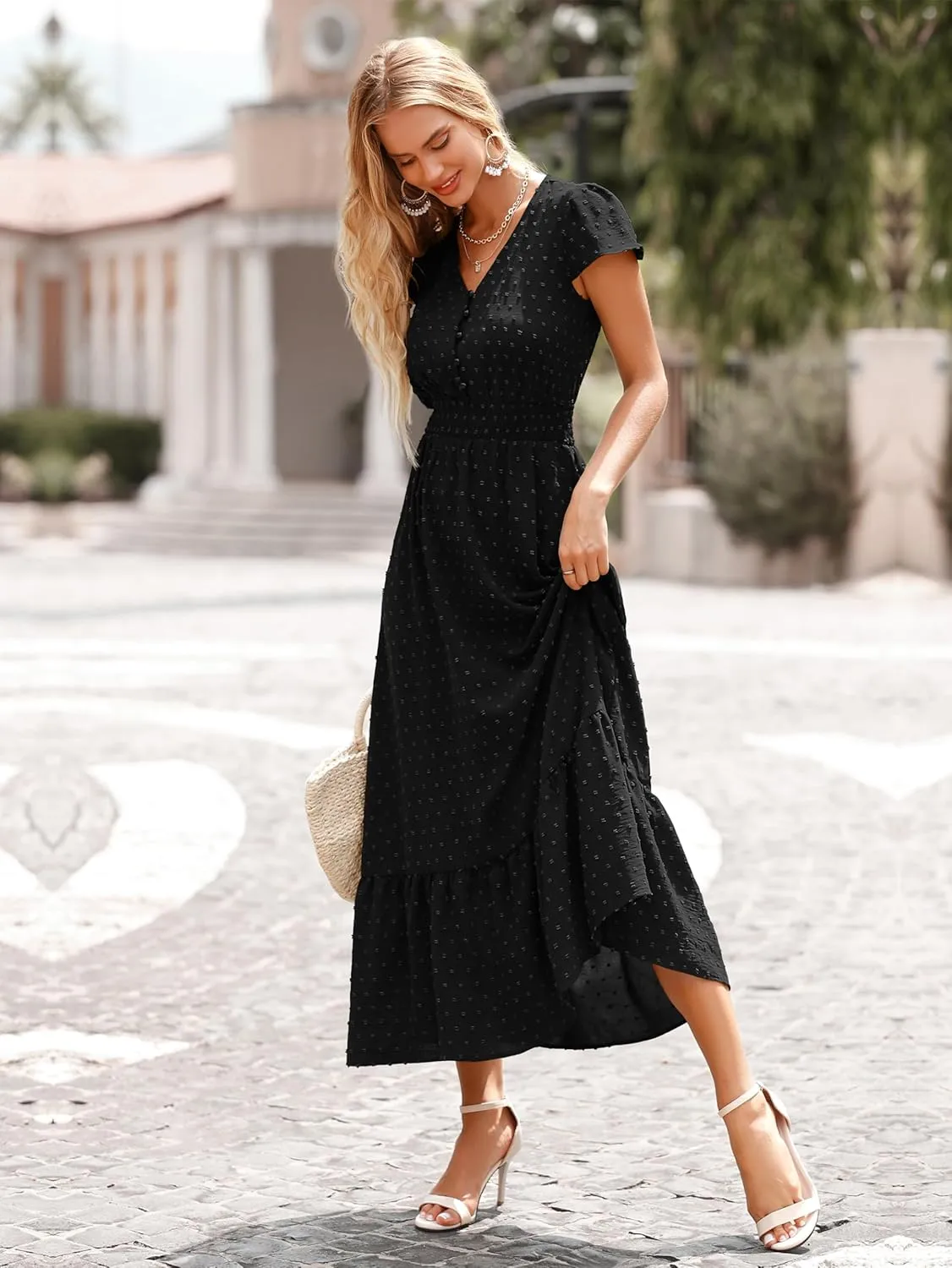 PRETTYGARDEN Women Casual Boho Summer Maxi Dresses 2025 Short Sleeve V Neck Swiss Dot Ruffle Smocked Flowy Wedding Long Dress