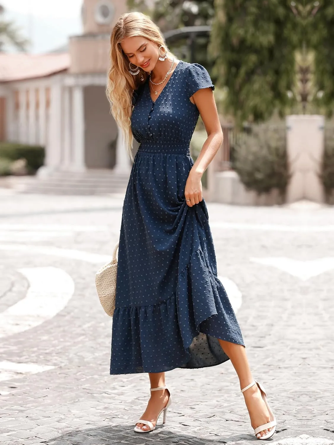 PRETTYGARDEN Women Casual Boho Summer Maxi Dresses 2025 Short Sleeve V Neck Swiss Dot Ruffle Smocked Flowy Wedding Long Dress