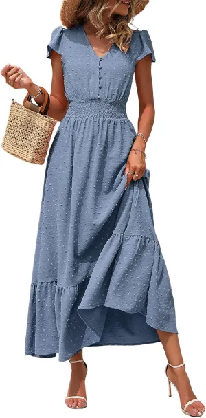 PRETTYGARDEN Women Casual Boho Summer Maxi Dresses 2025 Short Sleeve V Neck Swiss Dot Ruffle Smocked Flowy Wedding Long Dress