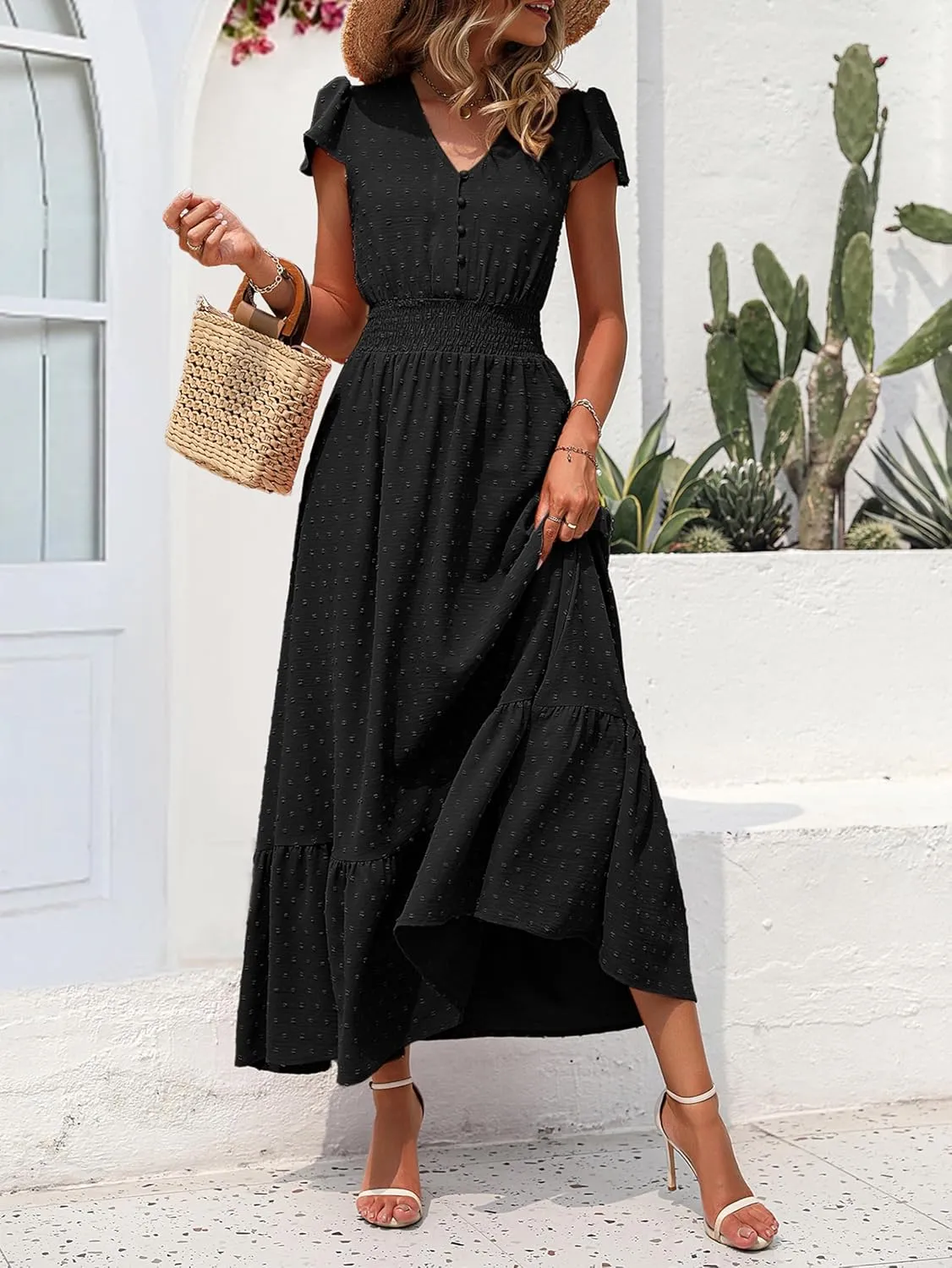 PRETTYGARDEN Women Casual Boho Summer Maxi Dresses 2025 Short Sleeve V Neck Swiss Dot Ruffle Smocked Flowy Wedding Long Dress