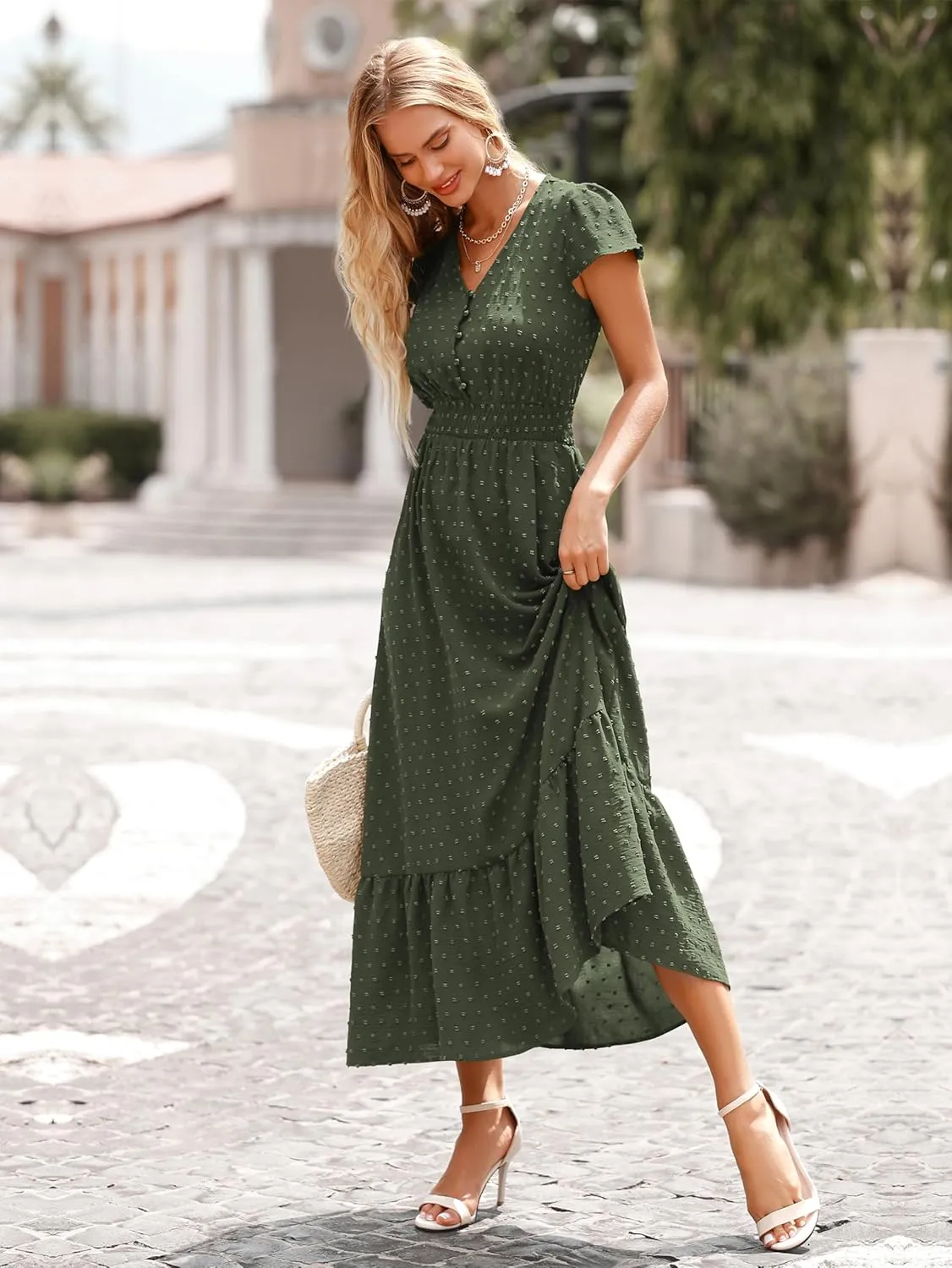 PRETTYGARDEN Women Casual Boho Summer Maxi Dresses 2025 Short Sleeve V Neck Swiss Dot Ruffle Smocked Flowy Wedding Long Dress