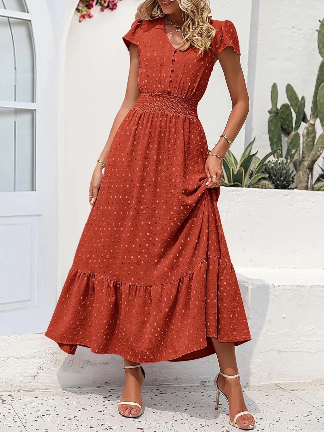 PRETTYGARDEN Women Casual Boho Summer Maxi Dresses 2025 Short Sleeve V Neck Swiss Dot Ruffle Smocked Flowy Wedding Long Dress