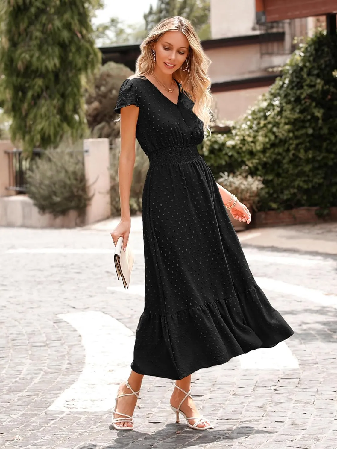 PRETTYGARDEN Women Casual Boho Summer Maxi Dresses 2025 Short Sleeve V Neck Swiss Dot Ruffle Smocked Flowy Wedding Long Dress