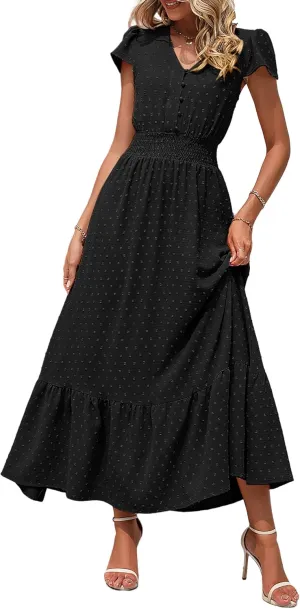 PRETTYGARDEN Women Casual Boho Summer Maxi Dresses 2025 Short Sleeve V Neck Swiss Dot Ruffle Smocked Flowy Wedding Long Dress