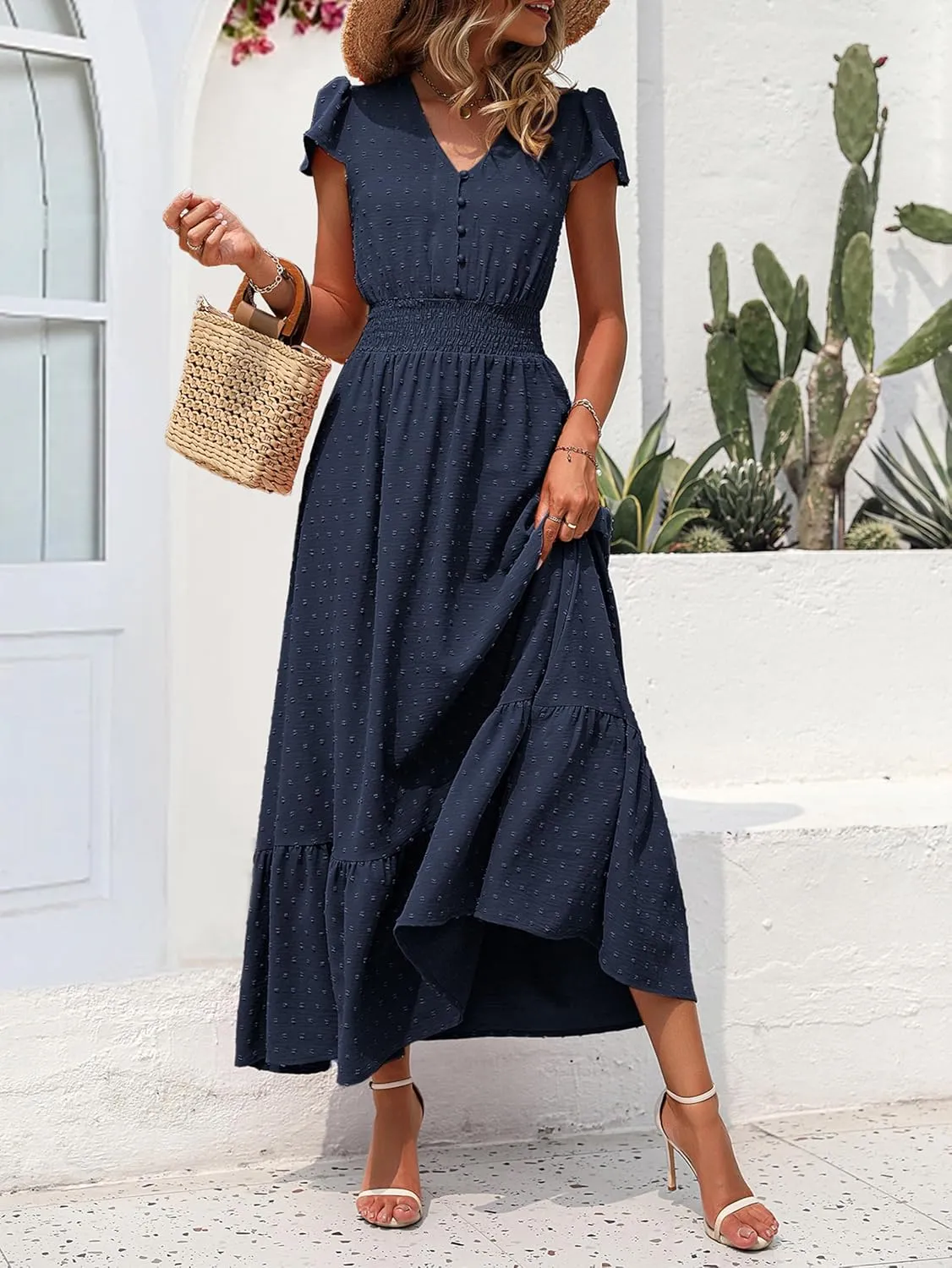 PRETTYGARDEN Women Casual Boho Summer Maxi Dresses 2025 Short Sleeve V Neck Swiss Dot Ruffle Smocked Flowy Wedding Long Dress