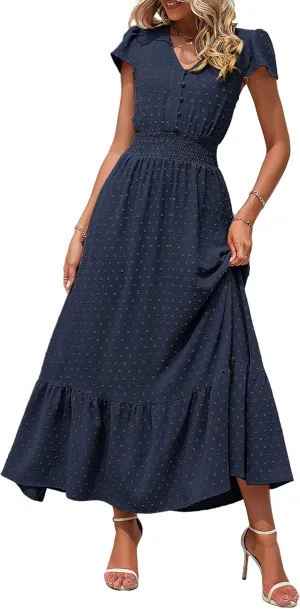PRETTYGARDEN Women Casual Boho Summer Maxi Dresses 2025 Short Sleeve V Neck Swiss Dot Ruffle Smocked Flowy Wedding Long Dress