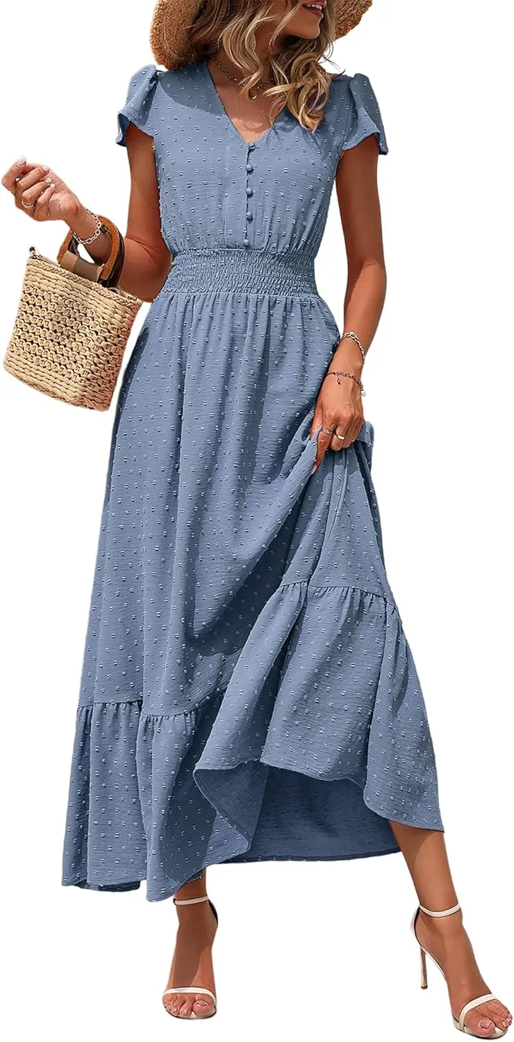 PRETTYGARDEN Women Casual Boho Summer Maxi Dresses 2025 Short Sleeve V Neck Swiss Dot Ruffle Smocked Flowy Wedding Long Dress