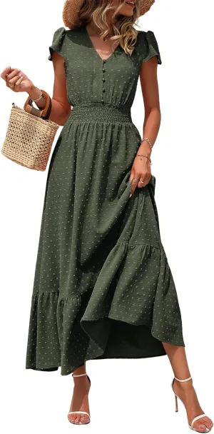 PRETTYGARDEN Women Casual Boho Summer Maxi Dresses 2025 Short Sleeve V Neck Swiss Dot Ruffle Smocked Flowy Wedding Long Dress