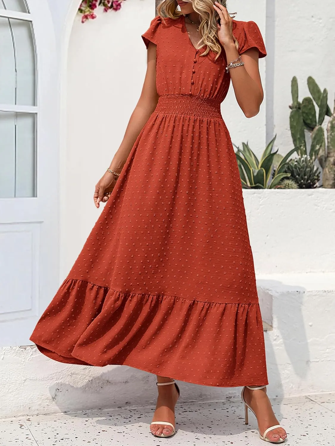 PRETTYGARDEN Women Casual Boho Summer Maxi Dresses 2025 Short Sleeve V Neck Swiss Dot Ruffle Smocked Flowy Wedding Long Dress