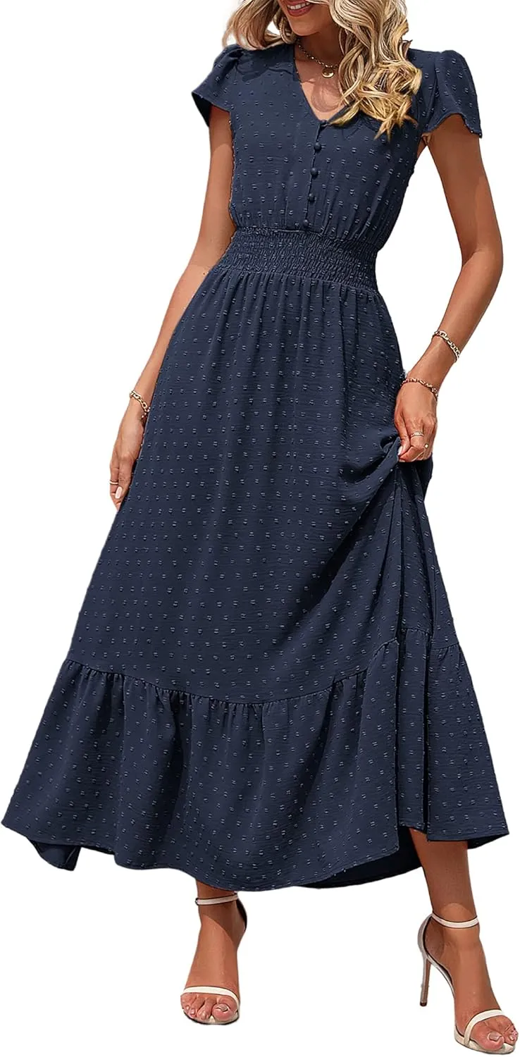 PRETTYGARDEN Women Casual Boho Summer Maxi Dresses 2025 Short Sleeve V Neck Swiss Dot Ruffle Smocked Flowy Wedding Long Dress