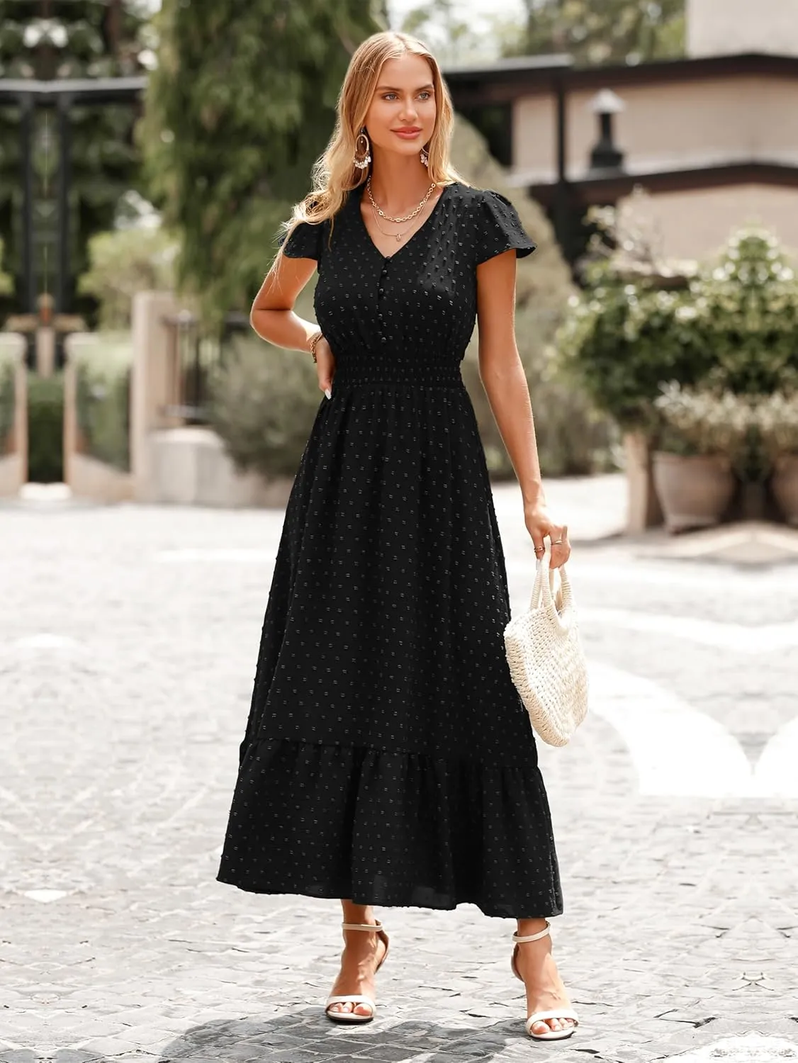 PRETTYGARDEN Women Casual Boho Summer Maxi Dresses 2025 Short Sleeve V Neck Swiss Dot Ruffle Smocked Flowy Wedding Long Dress