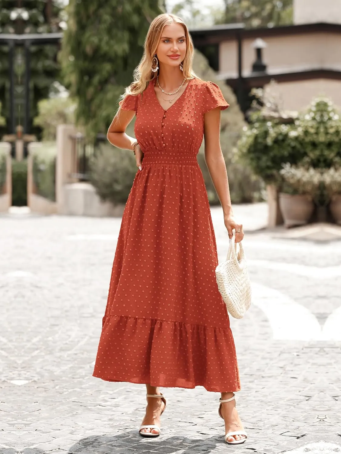 PRETTYGARDEN Women Casual Boho Summer Maxi Dresses 2025 Short Sleeve V Neck Swiss Dot Ruffle Smocked Flowy Wedding Long Dress