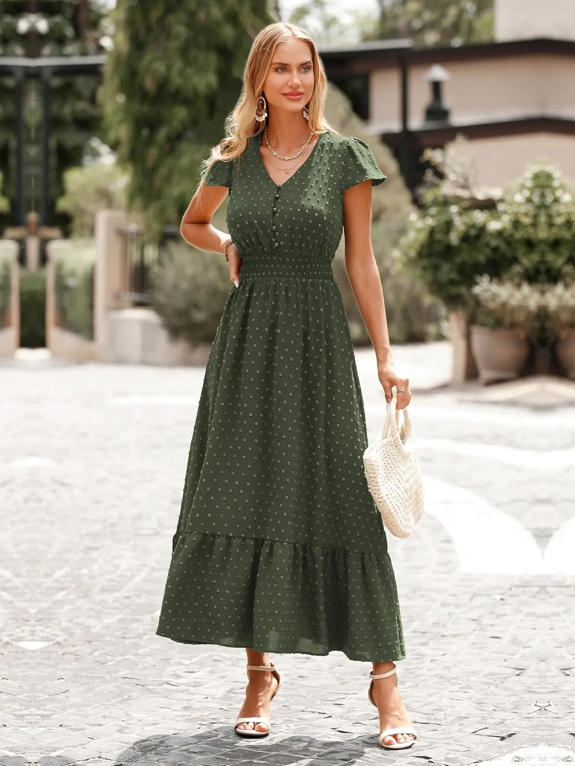 PRETTYGARDEN Women Casual Boho Summer Maxi Dresses 2025 Short Sleeve V Neck Swiss Dot Ruffle Smocked Flowy Wedding Long Dress