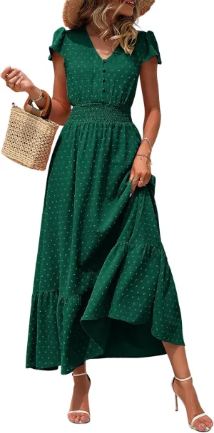 PRETTYGARDEN Women Casual Boho Summer Maxi Dresses 2025 Short Sleeve V Neck Swiss Dot Ruffle Smocked Flowy Wedding Long Dress