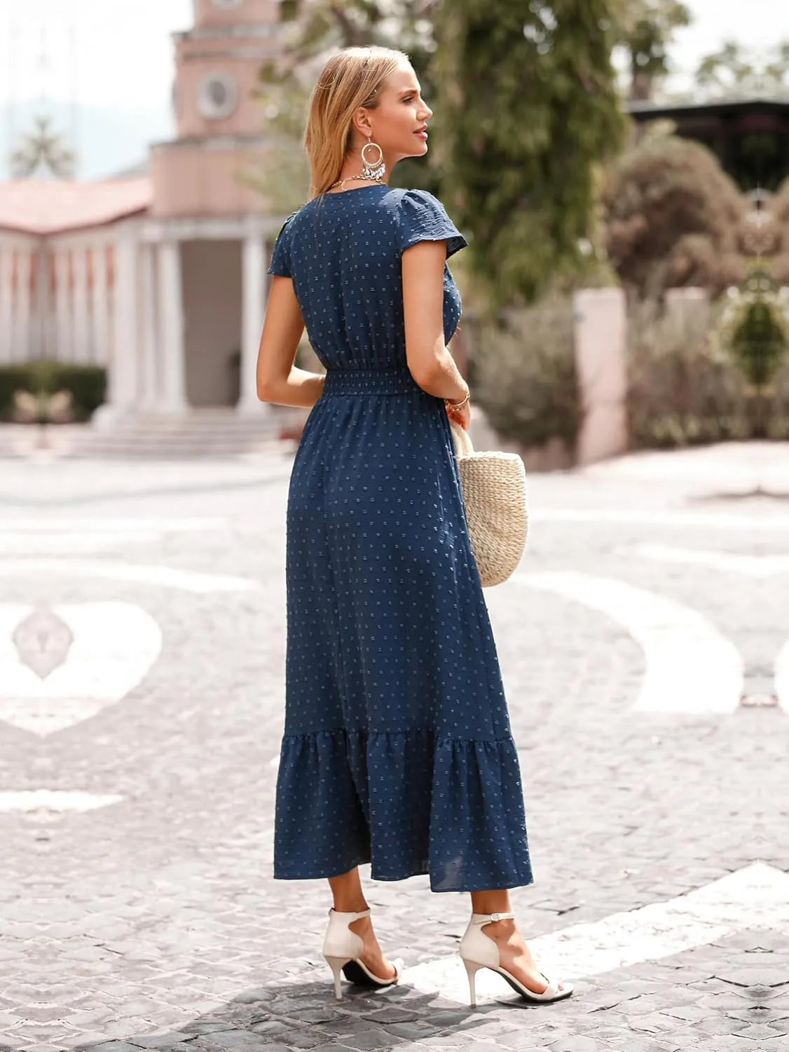 PRETTYGARDEN Women Casual Boho Summer Maxi Dresses 2025 Short Sleeve V Neck Swiss Dot Ruffle Smocked Flowy Wedding Long Dress