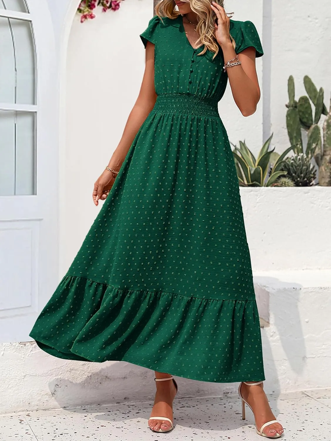 PRETTYGARDEN Women Casual Boho Summer Maxi Dresses 2025 Short Sleeve V Neck Swiss Dot Ruffle Smocked Flowy Wedding Long Dress