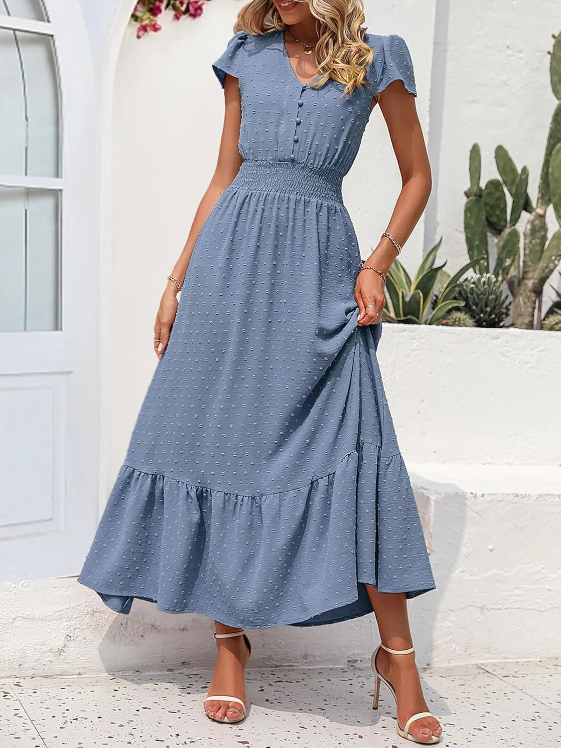 PRETTYGARDEN Women Casual Boho Summer Maxi Dresses 2025 Short Sleeve V Neck Swiss Dot Ruffle Smocked Flowy Wedding Long Dress