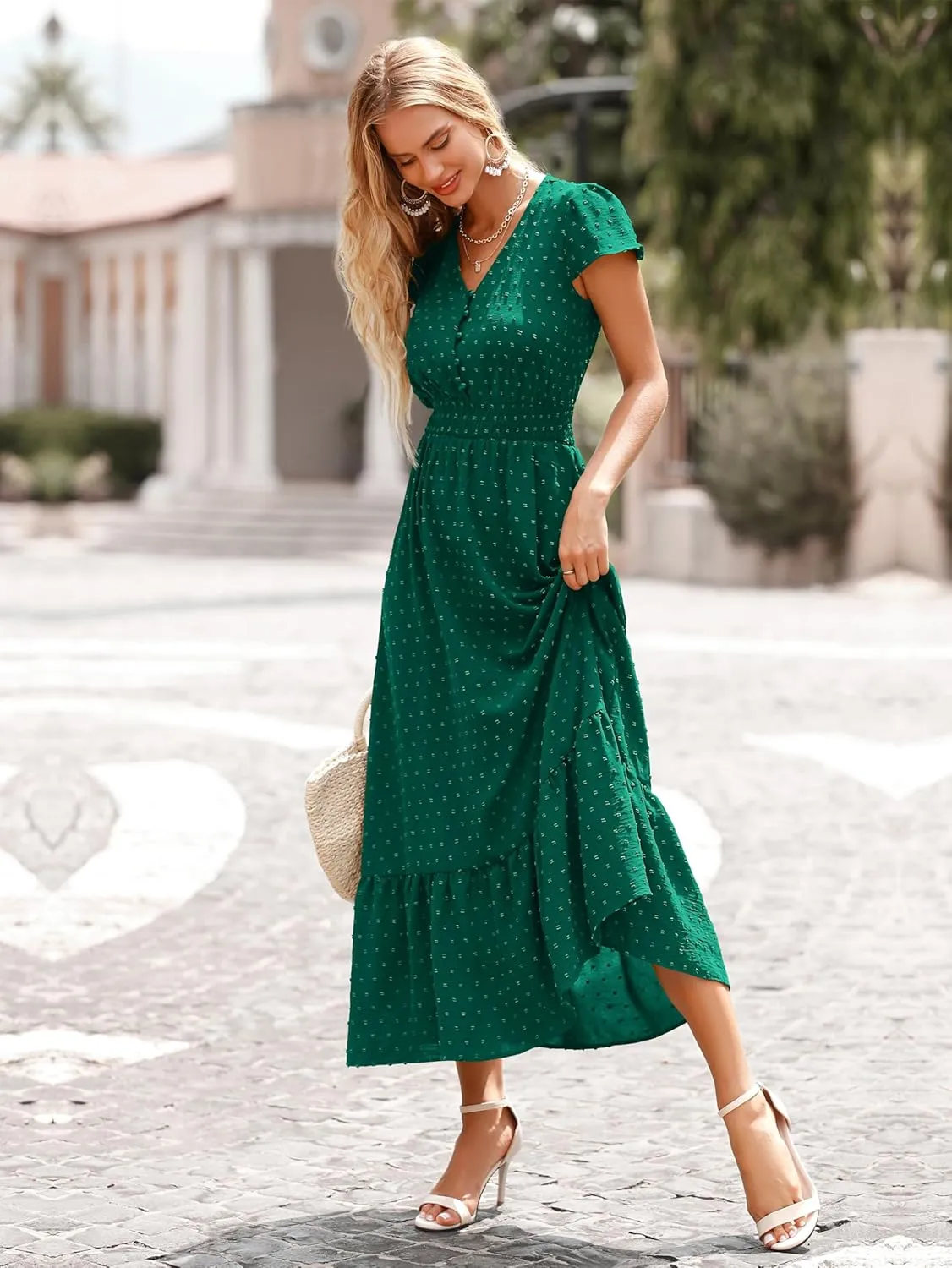 PRETTYGARDEN Women Casual Boho Summer Maxi Dresses 2025 Short Sleeve V Neck Swiss Dot Ruffle Smocked Flowy Wedding Long Dress