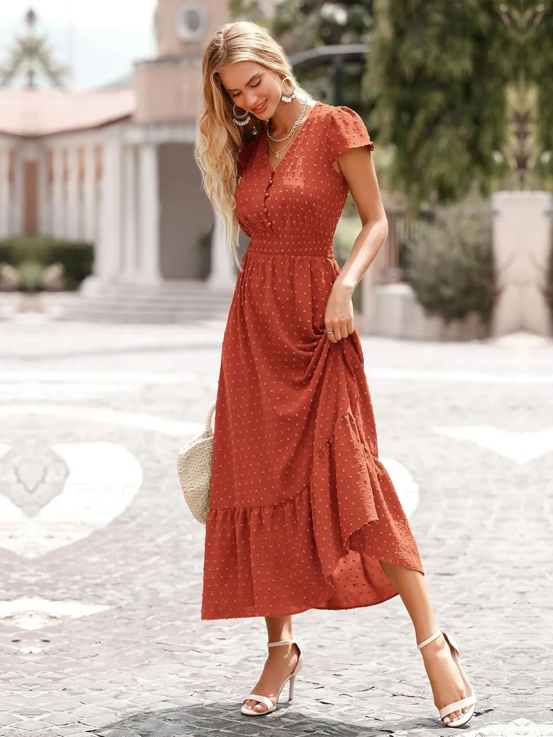 PRETTYGARDEN Women Casual Boho Summer Maxi Dresses 2025 Short Sleeve V Neck Swiss Dot Ruffle Smocked Flowy Wedding Long Dress