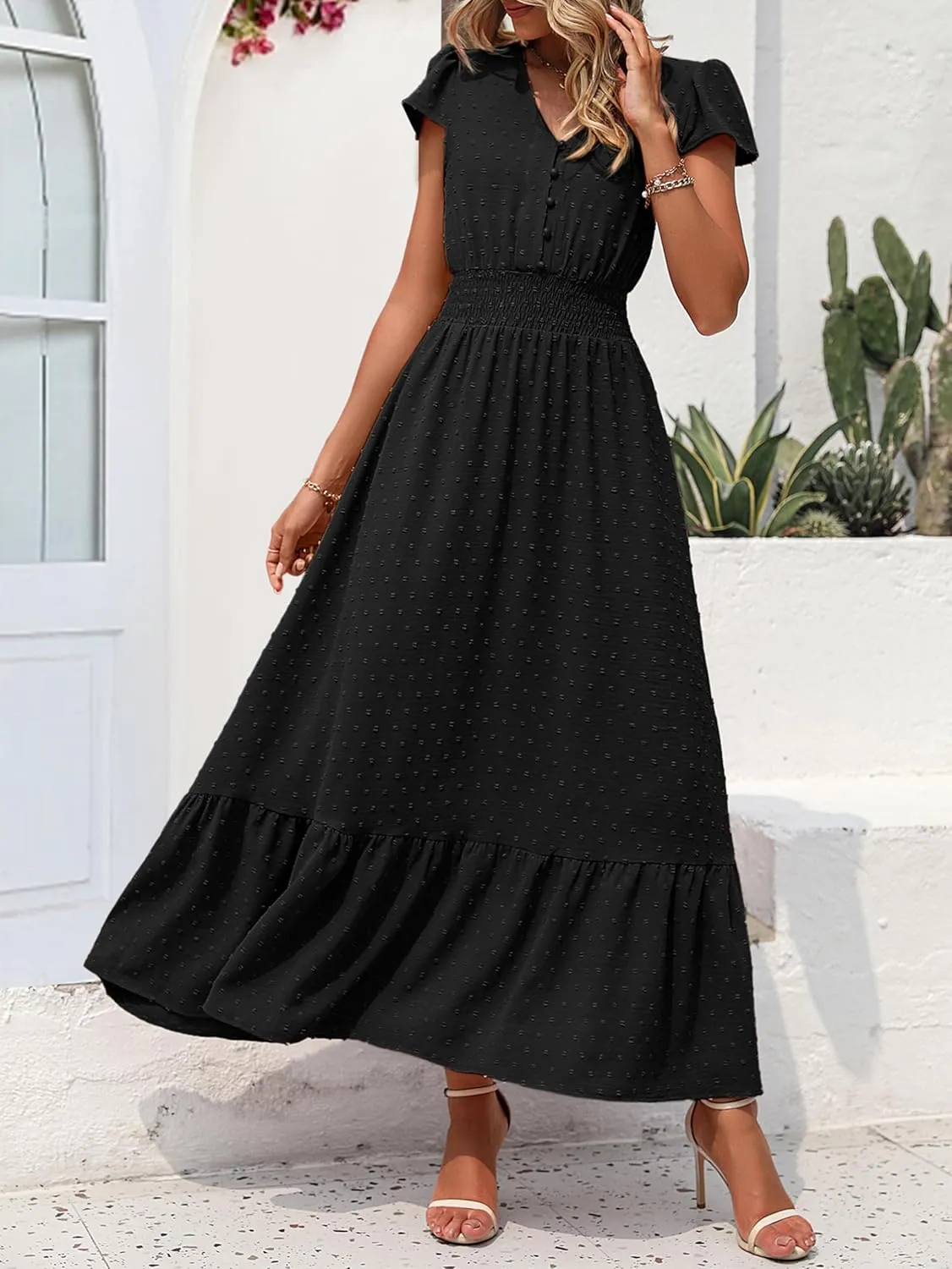 PRETTYGARDEN Women Casual Boho Summer Maxi Dresses 2025 Short Sleeve V Neck Swiss Dot Ruffle Smocked Flowy Wedding Long Dress