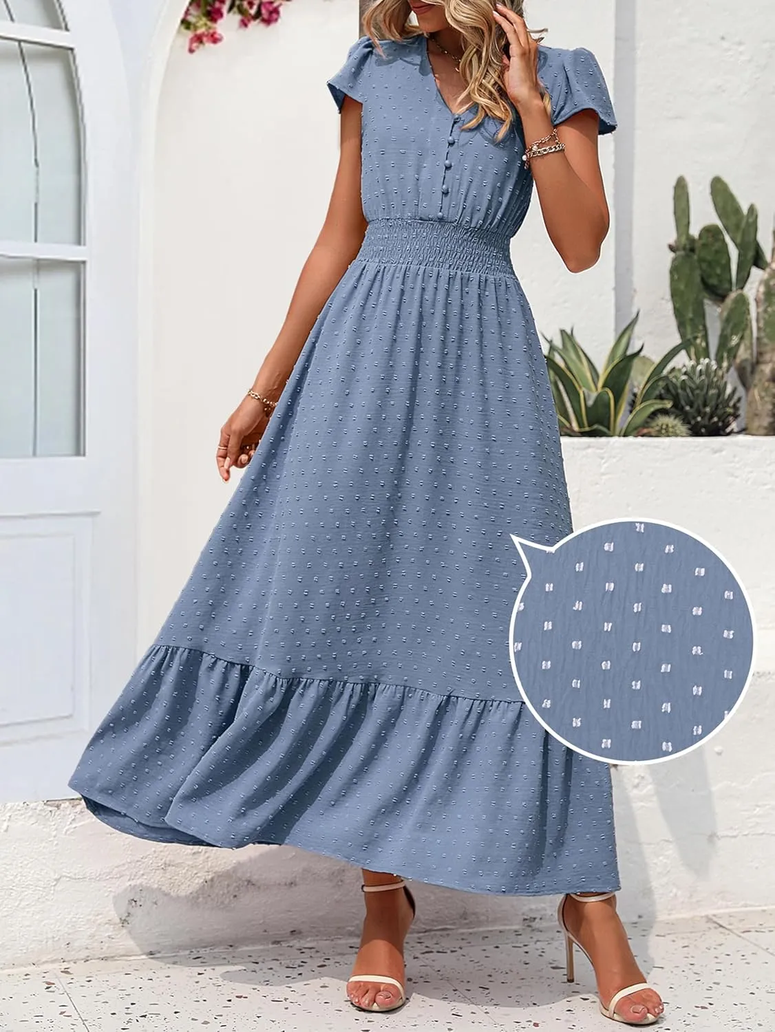 PRETTYGARDEN Women Casual Boho Summer Maxi Dresses 2025 Short Sleeve V Neck Swiss Dot Ruffle Smocked Flowy Wedding Long Dress