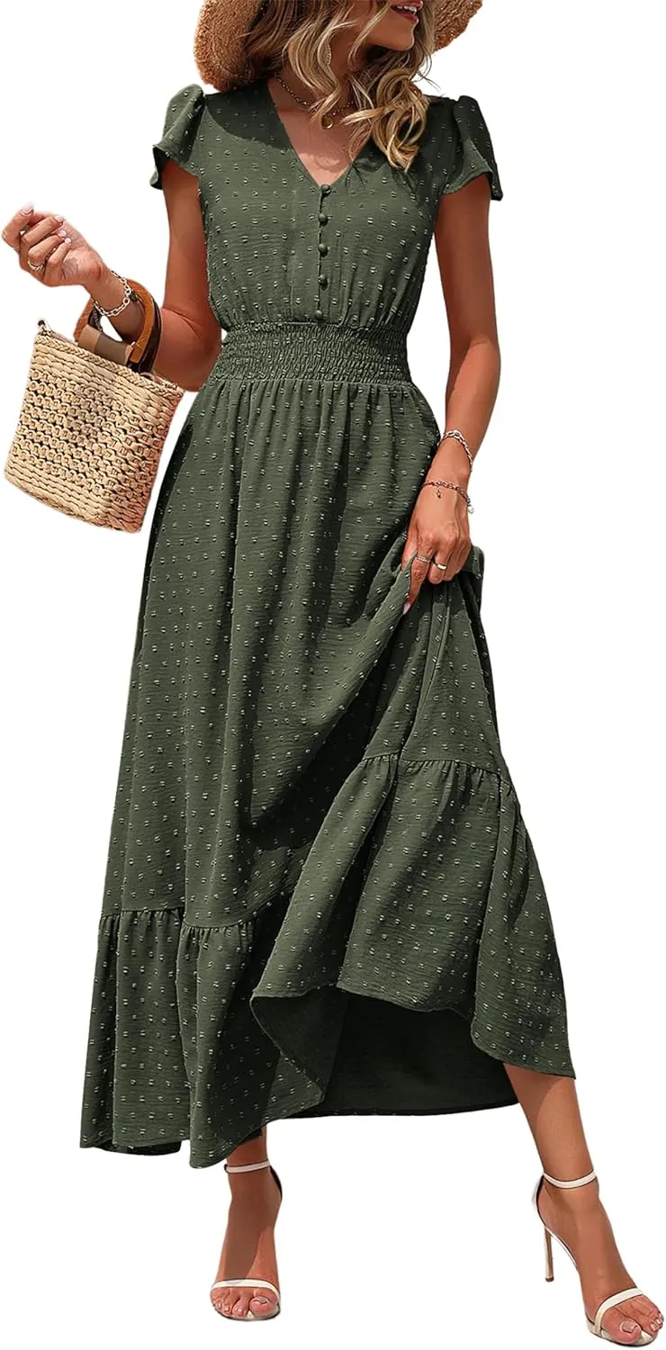 PRETTYGARDEN Women Casual Boho Summer Maxi Dresses 2025 Short Sleeve V Neck Swiss Dot Ruffle Smocked Flowy Wedding Long Dress