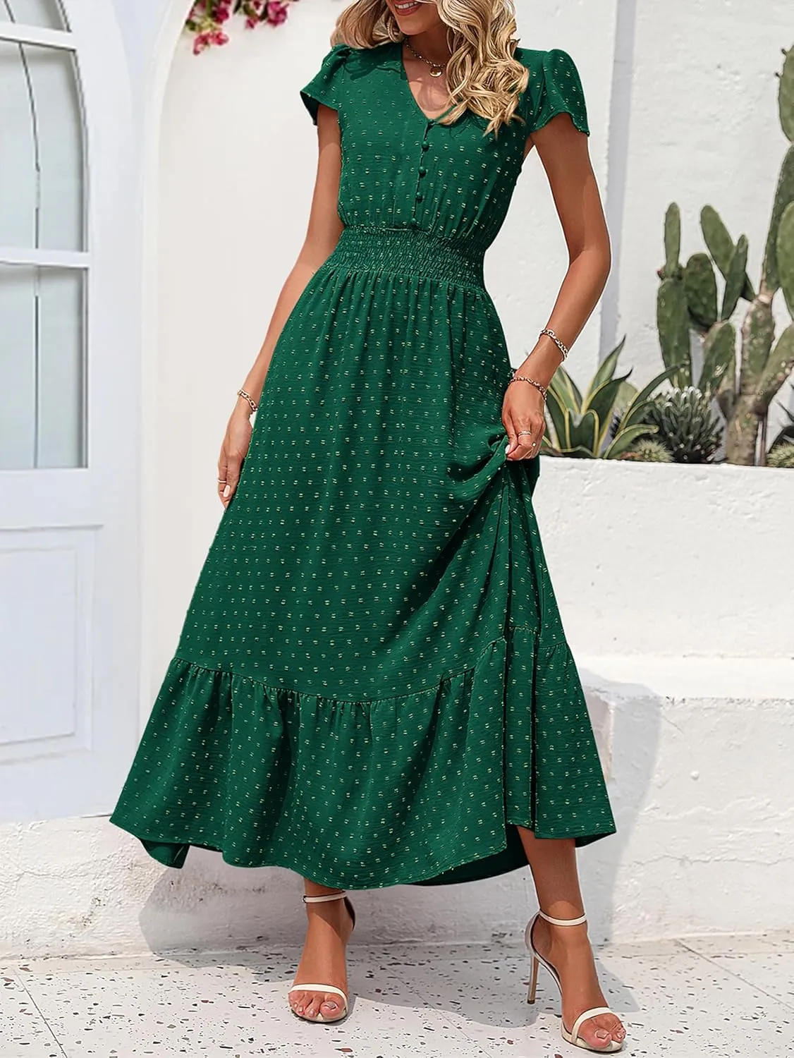 PRETTYGARDEN Women Casual Boho Summer Maxi Dresses 2025 Short Sleeve V Neck Swiss Dot Ruffle Smocked Flowy Wedding Long Dress